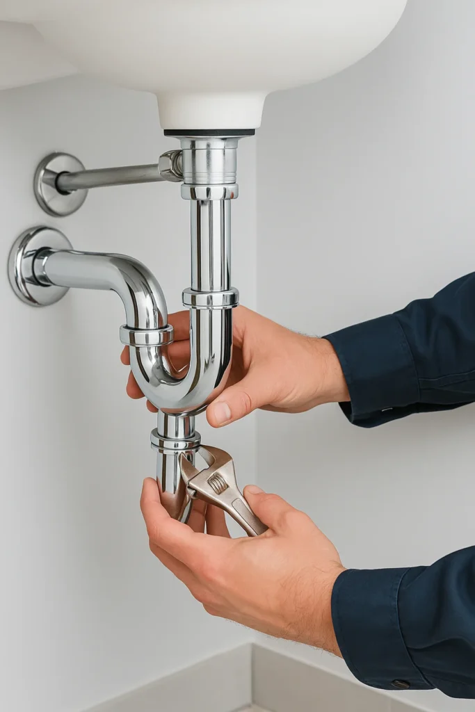 Loodgieter stelt chroom sifon onder een wastafel af