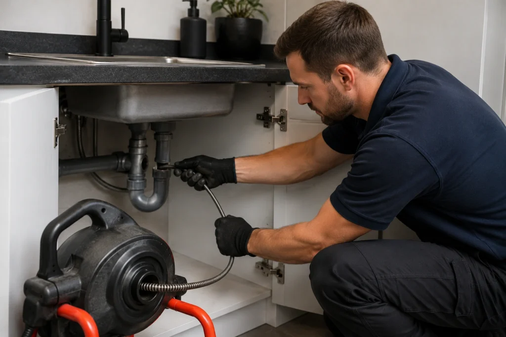 Monteur ontstopt professioneel een verstopte afvoer onder een keukenblok met een ontstoppingsmachine.