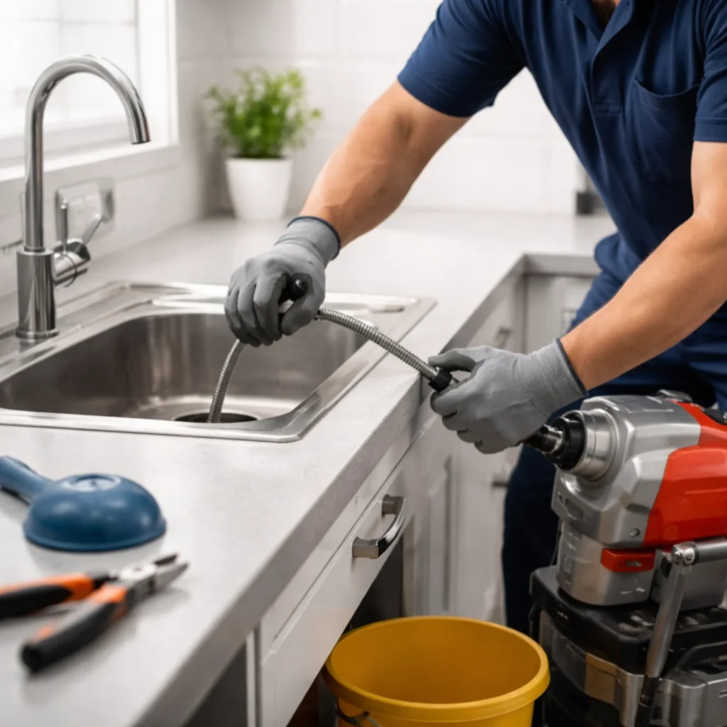 Professional plumber unclogging a kitchen sink drain using a mechanical drain snake in a modern home setting.