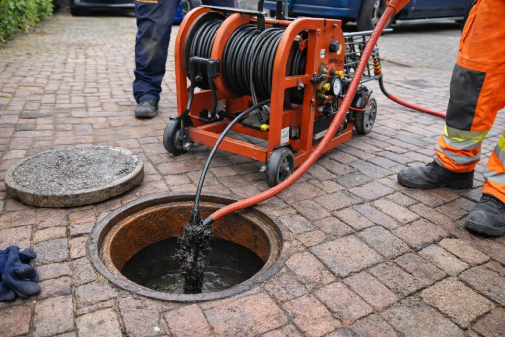 Riool ontstoppen in Gorinchem met professionele reinigingsmachine en open inspectieput in straatbestrating