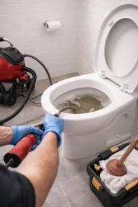 Loodgieter ontstopt een verstopte wc met professioneel gereedschap in een moderne badkamer