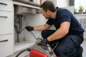 Loodgieter die een verstopte afvoer onder een gootsteen ontstopt met professioneel gereedschap