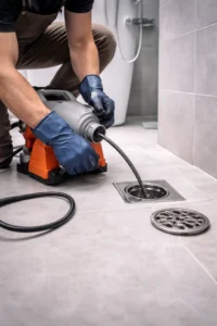 Regenpijp wordt gereinigd met waterdruk om verstopping te verwijderen