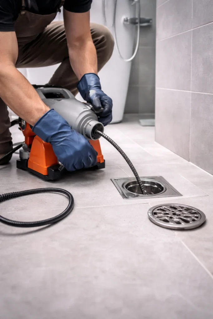 Regenpijp wordt gereinigd met waterdruk om verstopping te verwijderen