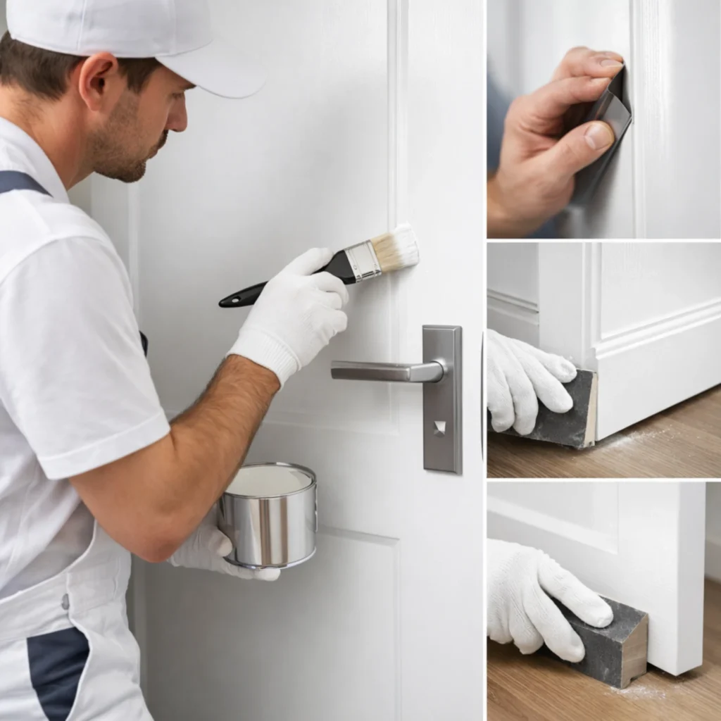 Professional painter applying lacquer to interior door while sanding edges for smooth finish