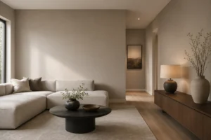 Minimalistische woonkamer met strak schilderwerk, rustige beige muren en een warme, moderne inrichting.