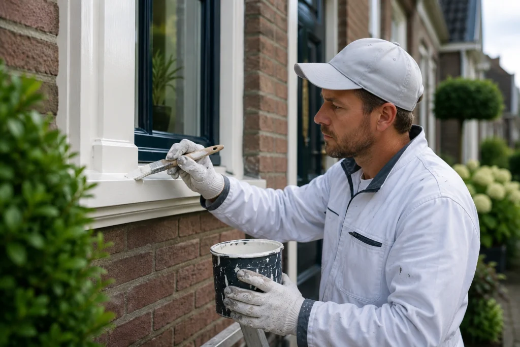 Schilder werkt aan een kozijn bij een open raam terwijl frisse lucht de ruimte ventileert