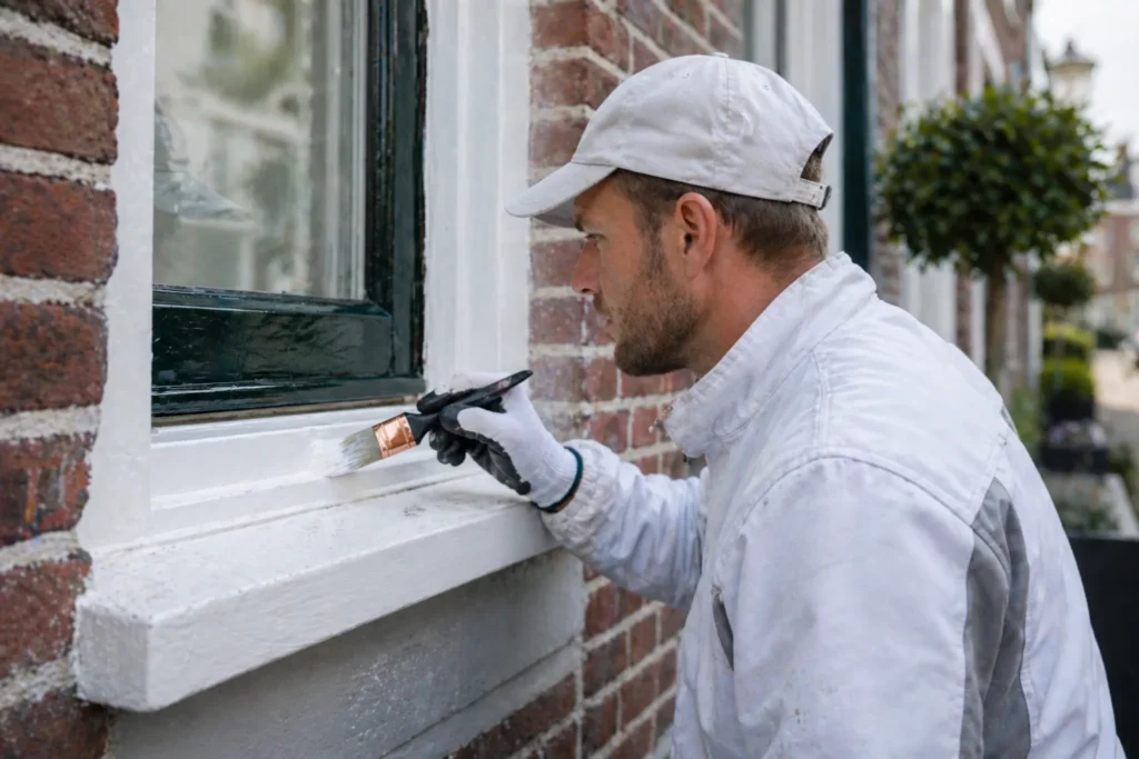 Schilder werkt nauwkeurig aan een houten kozijn buiten, waarbij verf wordt aangebracht voor bescherming tegen vocht en weersinvloeden.