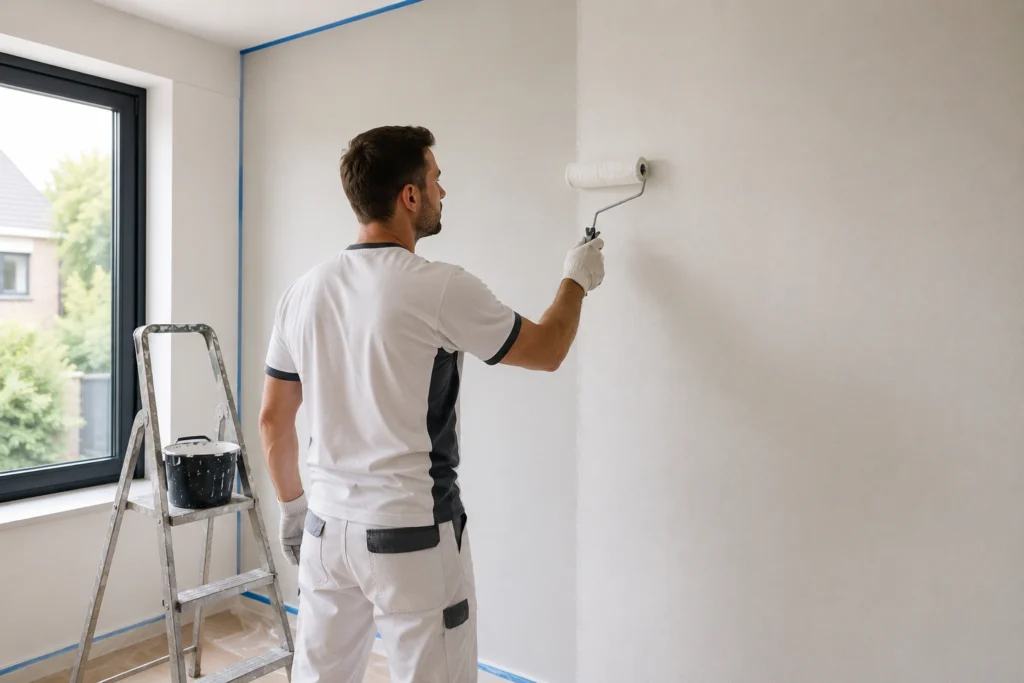 Professionele schilder rolt een egale verflaag op een lichte muur in een moderne woning.