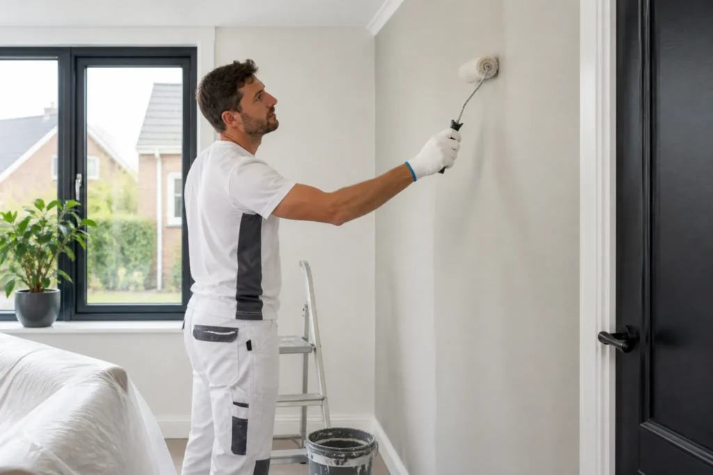Schilder aan het werk binnen en buiten om verkleuring van verf tegen te gaan