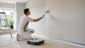 Schilder in Gorinchem brengt met een roller verf aan op een strak voorbereide muur voor een egaal resultaat.