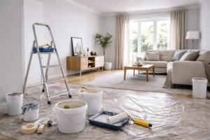 Schilder rolt verf op een binnenmuur in een lichte kamer om een strakke en frisse afwerking te creëren.