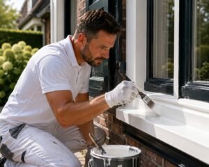 Schilder brengt witte verf aan op houten kozijnen van een woning om het houtwerk te beschermen.