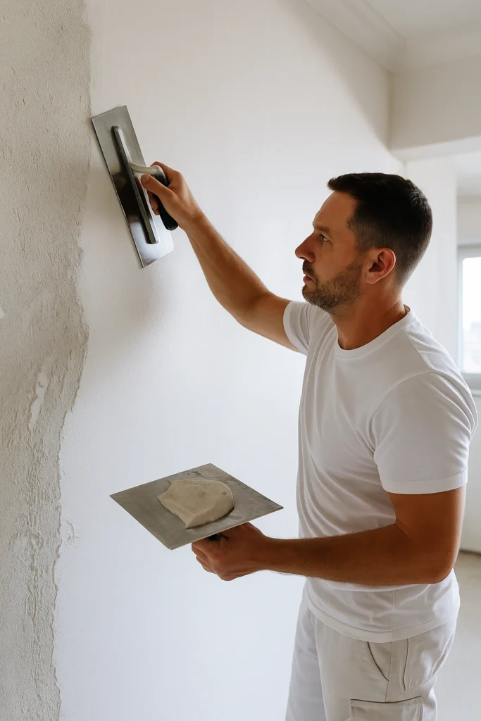 Stukadoor werkt aan een muur met spaan in een moderne lichte kamer.