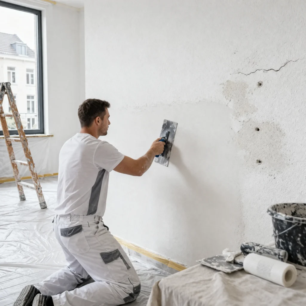 Stukadoor die muur glad afwerkt met pleister tijdens renovatie