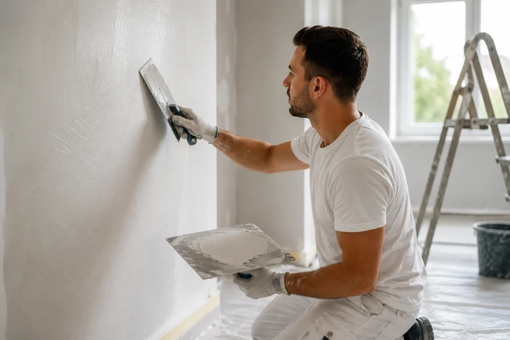 Vakman die met een spaan een muur glad afwerkt tijdens stucwerk in een lichte woonruimte