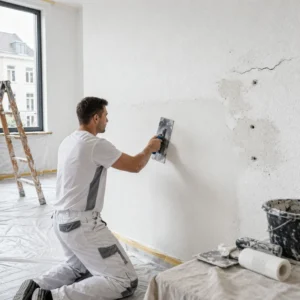 Stukadoor die muur glad afwerkt met pleister tijdens renovatie