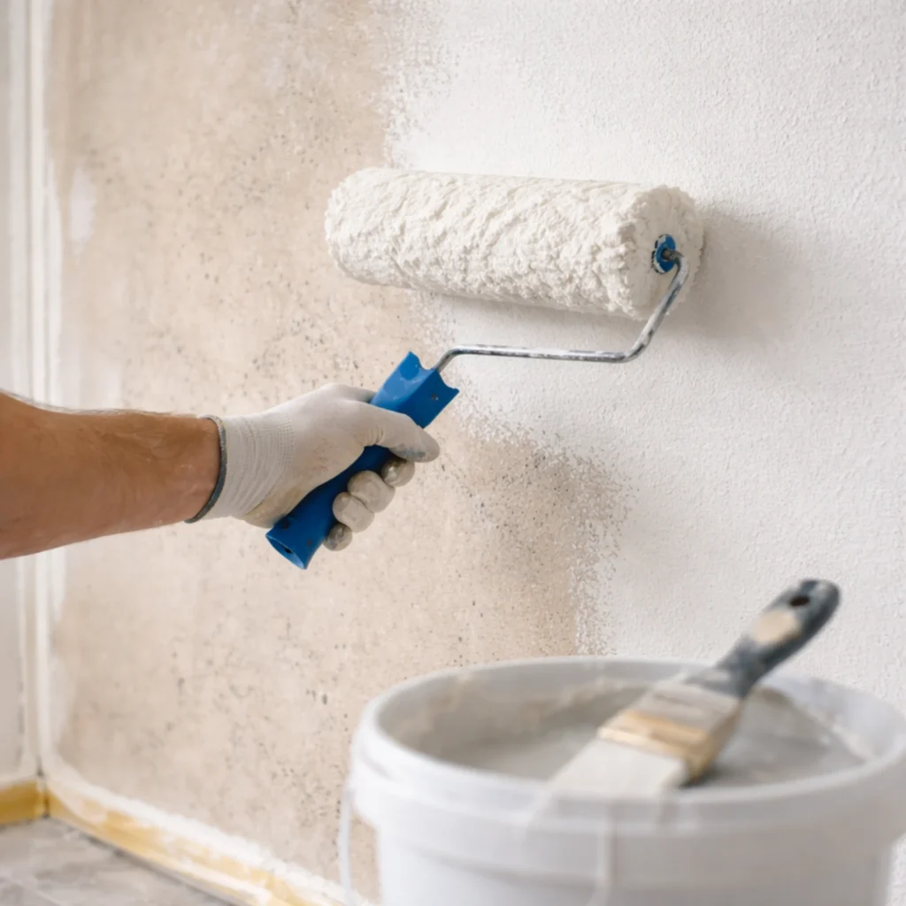 Stukadoor brengt primer aan op muur met roller voor strak stucwerk
