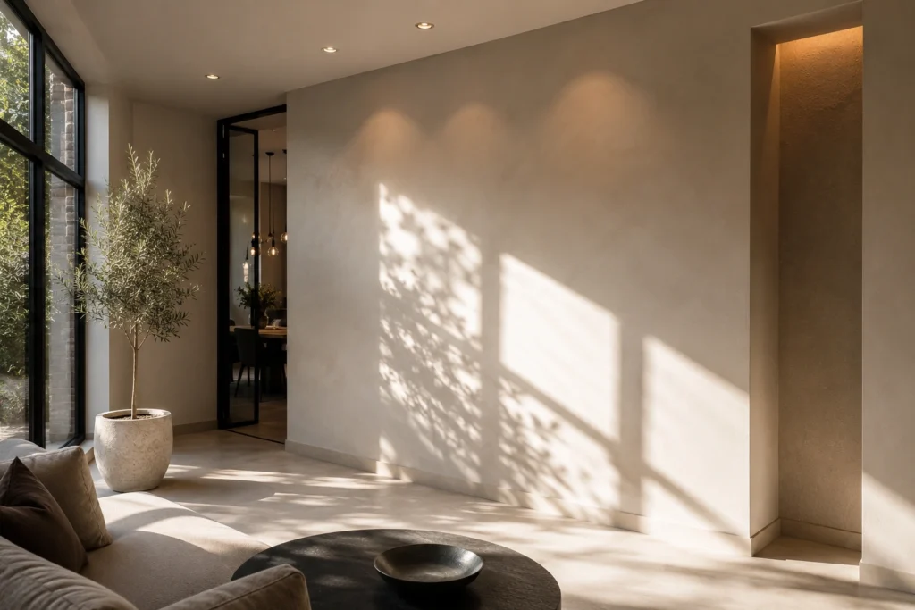Moderne woonkamer met strak stucwerk en natuurlijk licht dat egaal over de muren valt.
