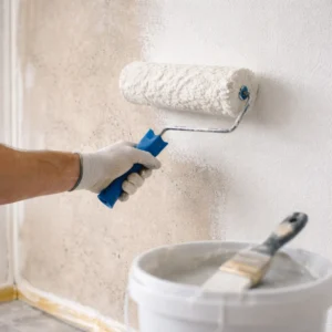 Stukadoor brengt primer aan op muur met roller voor strak stucwerk