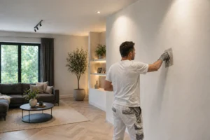 Stukadoor die een muur glad afwerkt in een moderne woonkamer met strakke en lichte afwerking