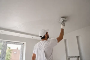 Moderne woonkamer met strak pleisterwerk, rustige beige muren en warme sfeerverlichting.