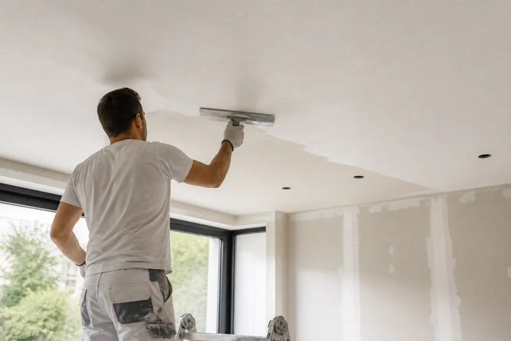 Stukadoor werkt op ladder en strijkt plafond glad met spaan in lichte ruimte