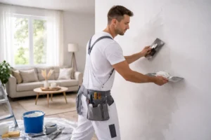 Stukadoor brengt nieuw stucwerk aan op muur in lichte woonkamer voor strakke afwerking