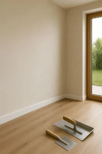 Strakke moderne woonkamer met glad gestucte witte muren en stukadoorsgereedschap op de voorgrond