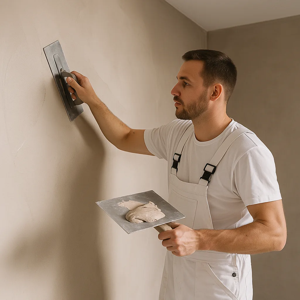 Professionele stukadoor in Dordrecht werkt aan gladde binnenmuur met spaan.