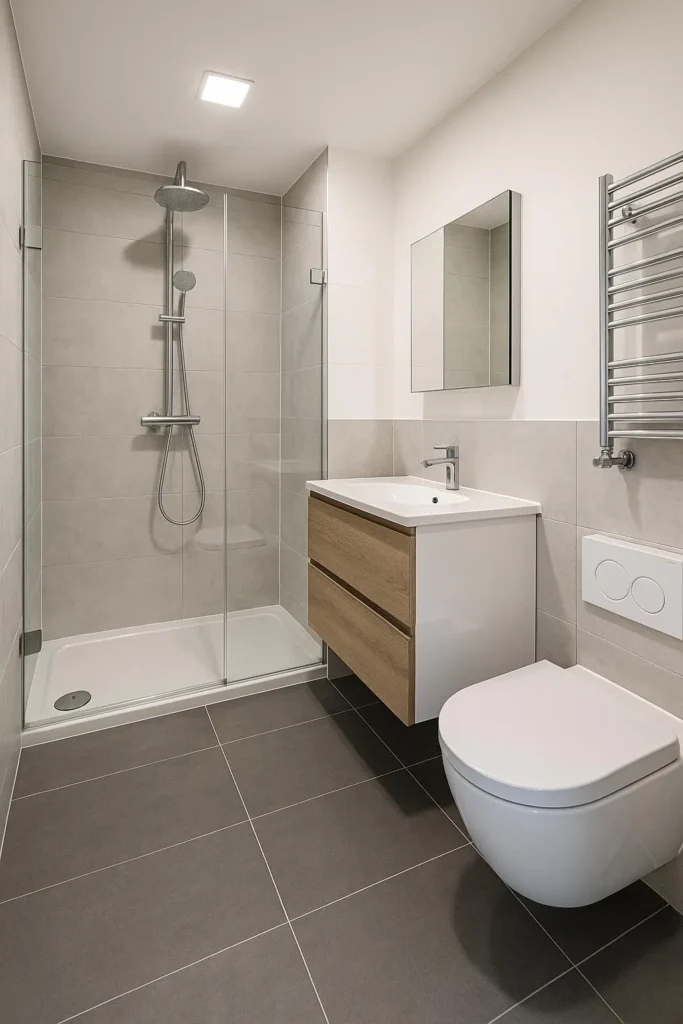 Moderne gerenoveerde badkamer met inloopdouche, zwevend toilet en houten wastafelmeubel