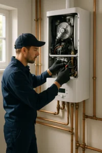 CV-monteur in blauwe overall voert onderhoud uit aan een wandgemonteerde ketel in een nette technische ruimte
