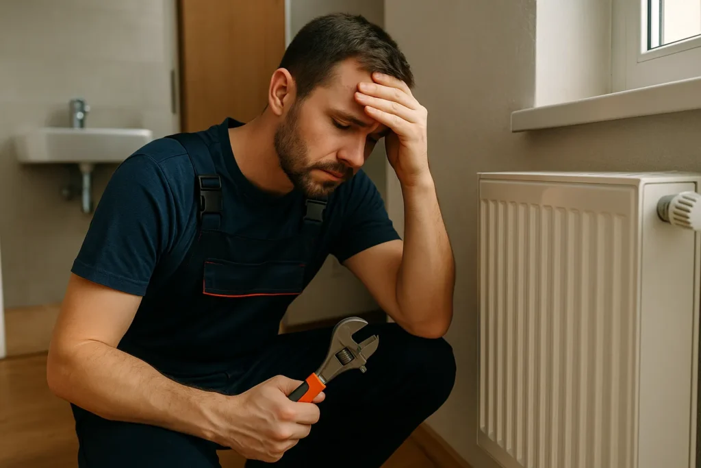 Een loodgieter met lichte huid zit voor een radiator in een badkamer, zichtbaar bezorgd terwijl hij een verstelbare moersleutel vasthoudt.