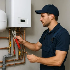 Installatiemonteur in blauwe werkkleding voert onderhoud uit aan een cv-ketel in een technische ruimte