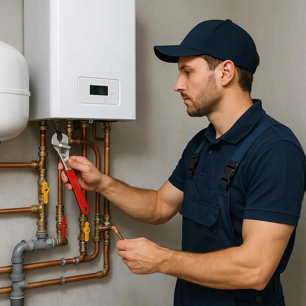 Installatiemonteur in blauwe werkkleding voert onderhoud uit aan een cv-ketel in een technische ruimte