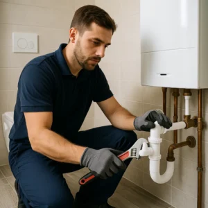 Installatiemonteur aan het werk met PVC-leidingen in een moderne badkamer