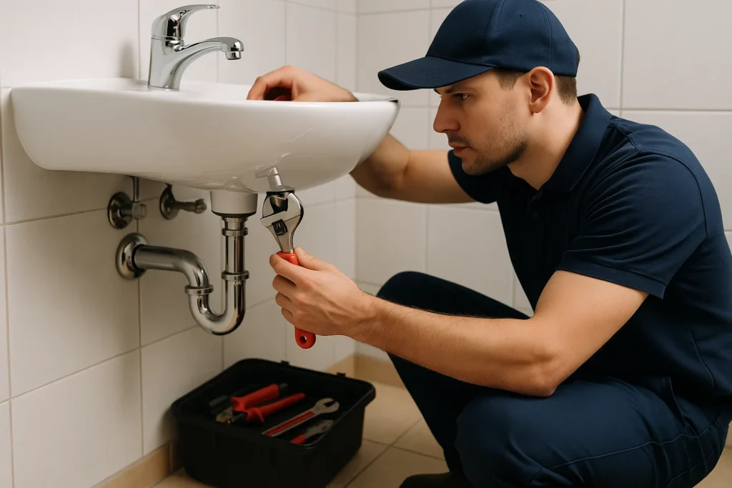 Loodgieter in uniform repareert een wastafelafvoer met een moersleutel in een moderne badkamer.