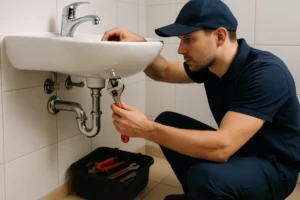 Loodgieter in uniform repareert een wastafelafvoer met een moersleutel in een moderne badkamer.