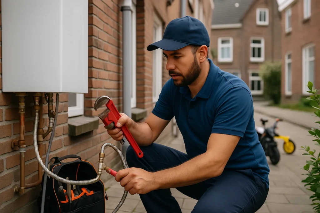 Lokale loodgieter werkt aan leidingen buiten een woning in Dordrecht.