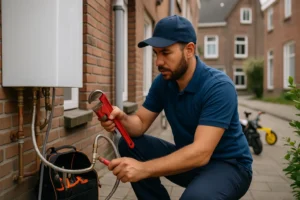 Lokale loodgieter werkt aan leidingen buiten een woning in Dordrecht.