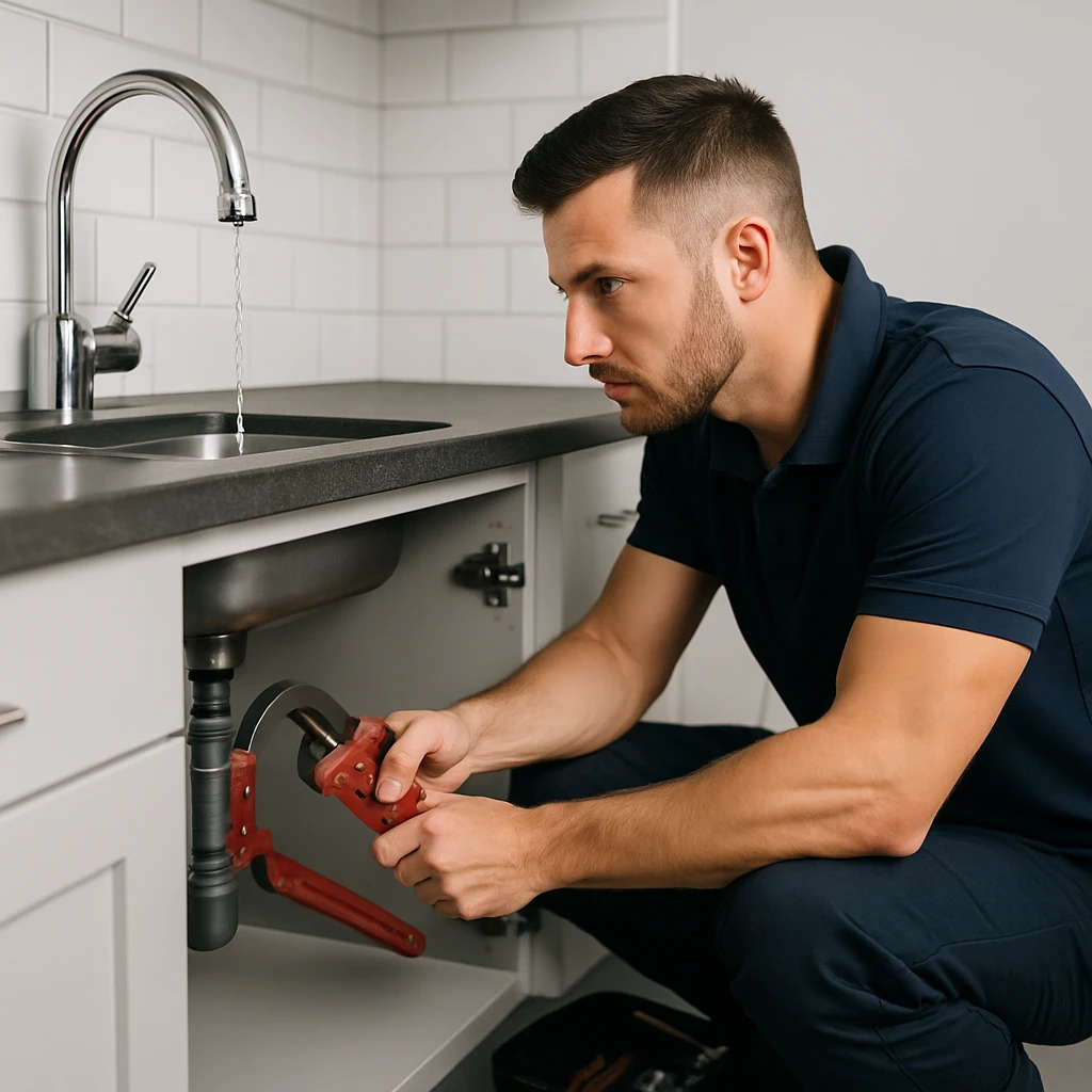 Loodgieter aan het werk met sanitair in een moderne badkamer tijdens installatie of renovatie.