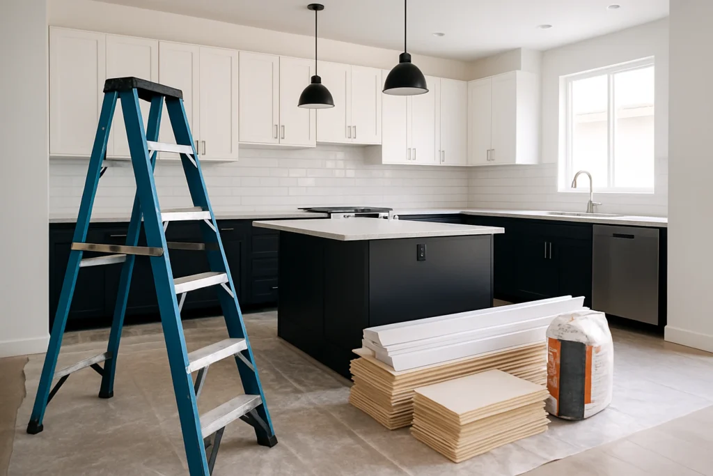 Moderne keuken in renovatie met ladder en bouwmaterialen op de vloer.