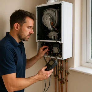 Technicus controleert cv-ketel met meetapparaat in een goed verlichte woning