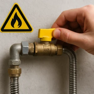Een hand draait aan een gele gaskraan boven een flexibele metalen leiding op een muur