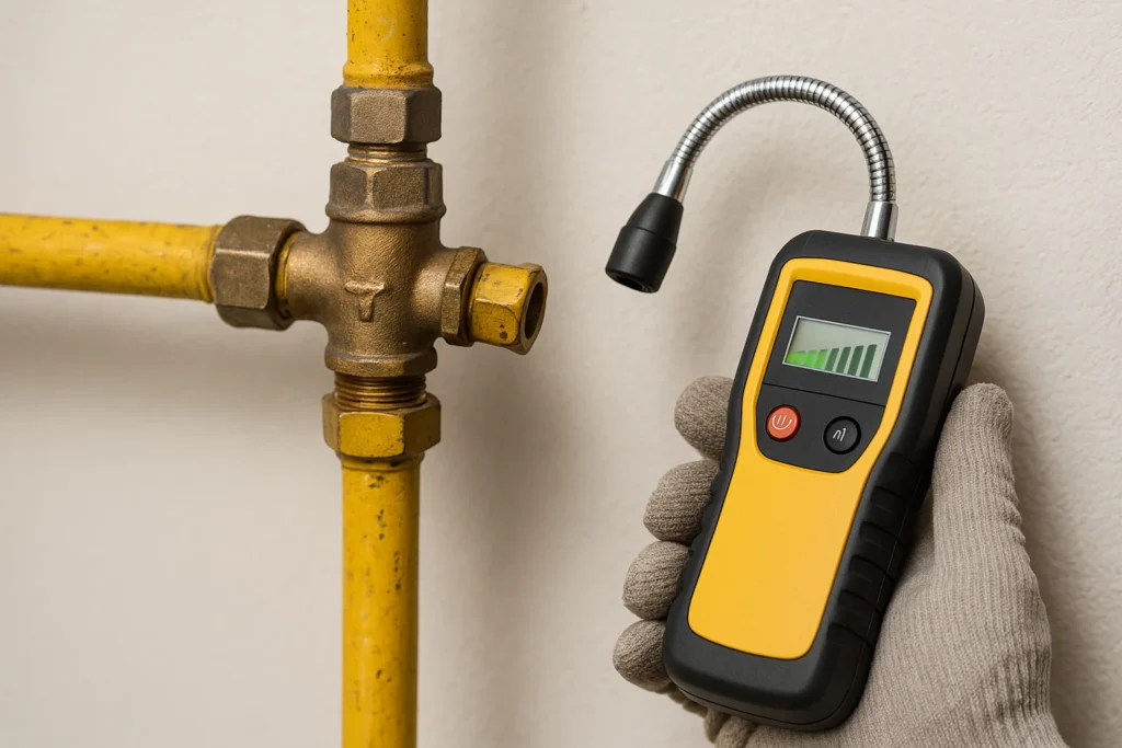 Hand met handschoen houdt gaslekdetector voor oude messing gaskraan met gele pijp
