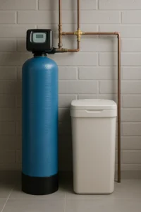 Waterontharder systeem met blauwe cilinder en beige zoutreservoir in moderne installatieruimte
