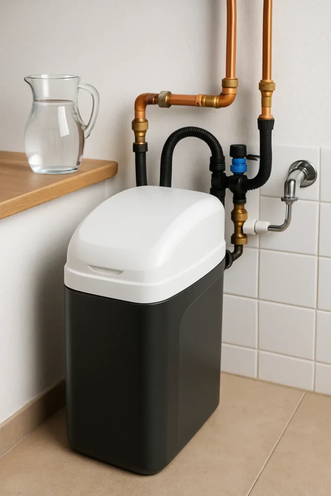 Moderne waterontharder aangesloten in een nette technische ruimte, met koperen leidingen en glazen waterkan
