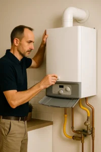 Een monteur controleert de instellingen van een moderne witte cv-ketel in een woninginterieur.