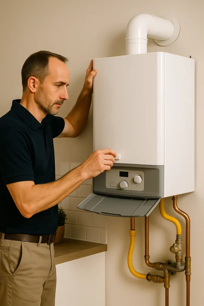 Een monteur controleert de instellingen van een moderne witte cv-ketel in een woninginterieur.