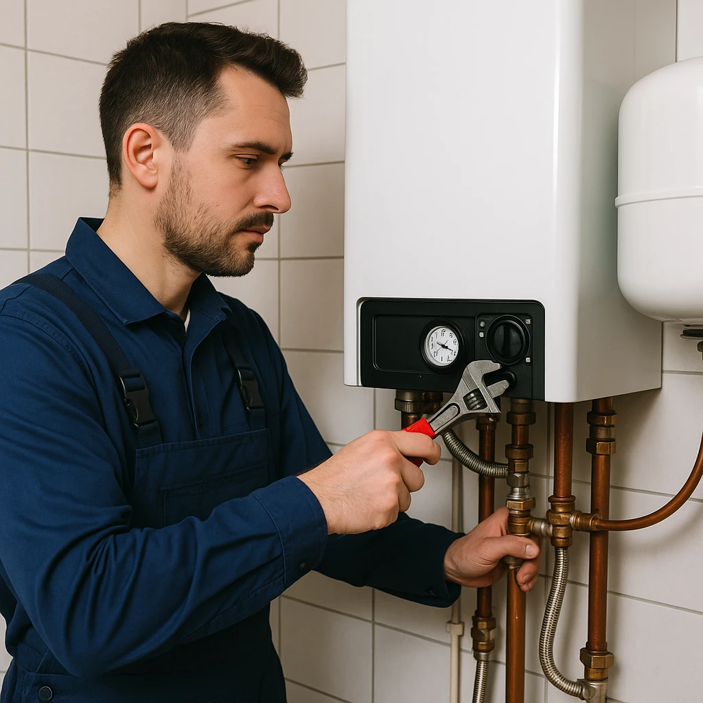 Monteur in blauwe overall stelt gas- of cv-installatie af met een tang in betegelde ruimte